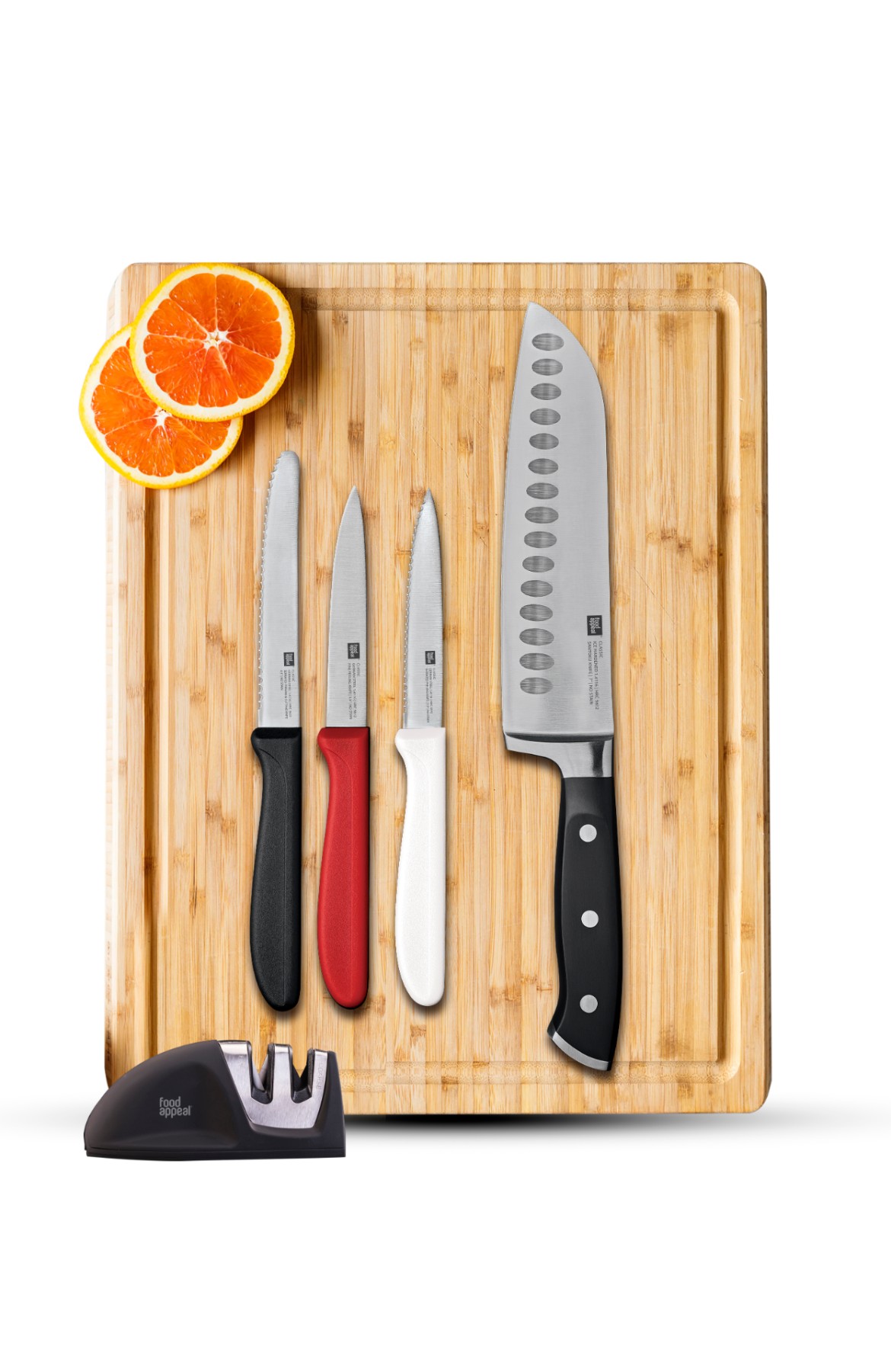 סט 6 חלקים - קרש חיתוך + סכין סנטוקו + 3 סכיני ירקות + משחיז סכינים CLASSIC
