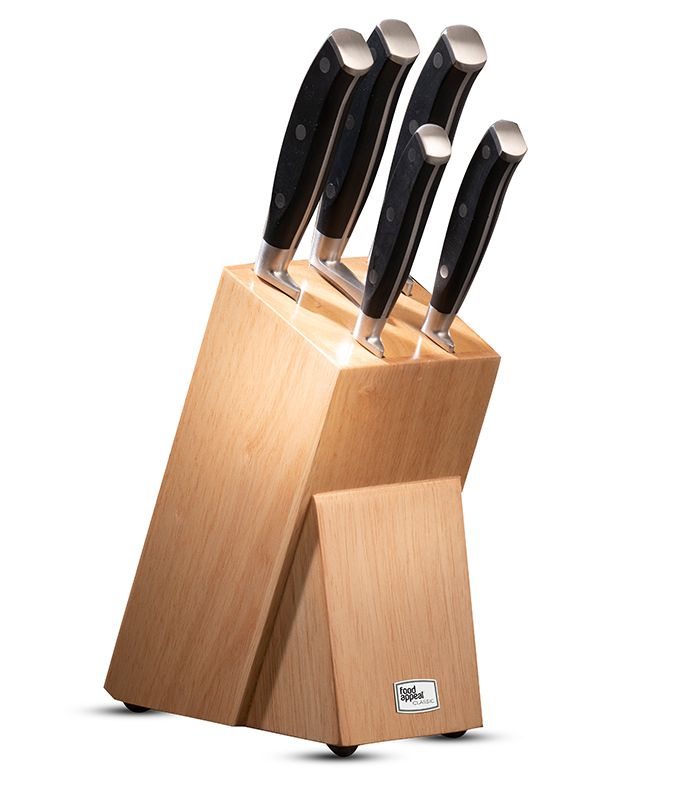 בלוק סכינים 6 חלקים הכולל 5 סכינים ידית שחורה + מעמד עץ טבעי CLASSIC